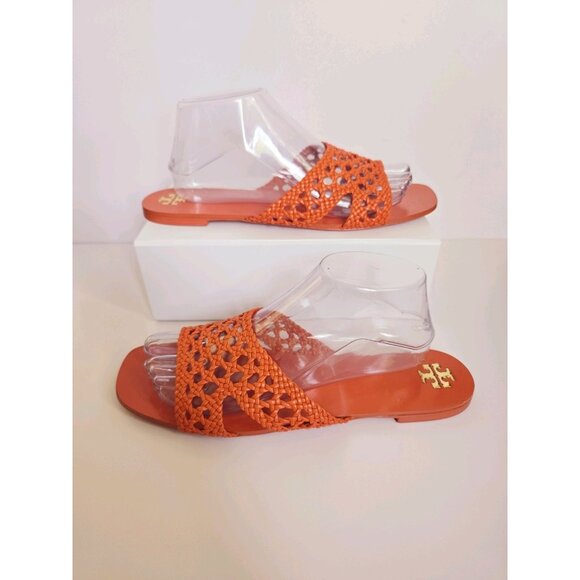 Tory Burch Orange Woven Braided Dessert Flower Leather Slip On Slide Sandals 10 - Picture 16 of 16